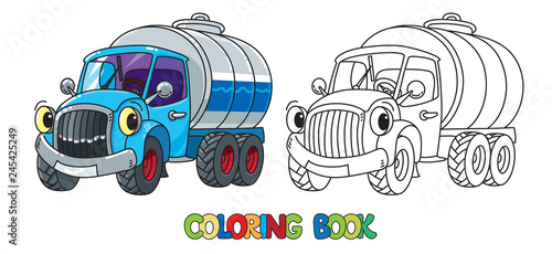 Funny small milk truck with eyes. Coloring book