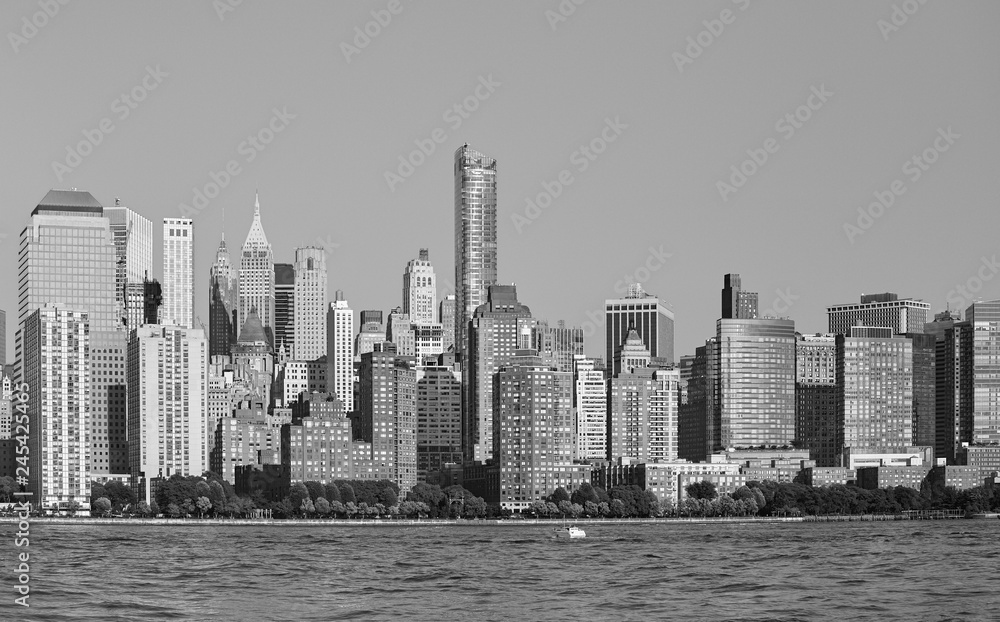 Black and white picture o New York City waterfront, USA.