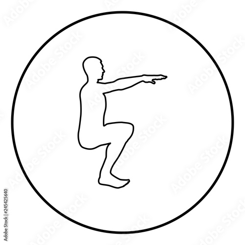 Crouching Man doing exercises crouches squat Sport action male Workout silhouette side view icon black color illustration in circle round