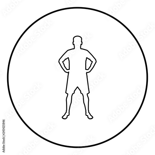 Man holding hands on belt confidence concept silhouette manager business icon black color illustration in circle round