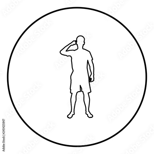 Man pointing at the temple with a finger silhouette front view Need thinking concept icon black color illustration in circle round