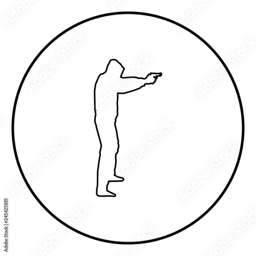 Man in the hood with gun Concept danger outstretched arms icon black color illustration in circle round