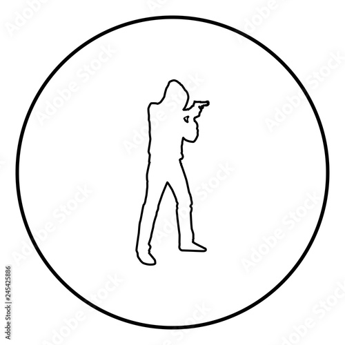 Man in the hood with gun Concept danger short arm icon black color illustration in circle round