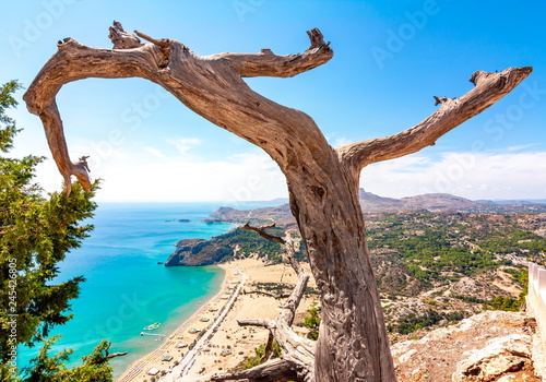 Tsampika beach and Rhodes island panorama from Tsampika mountain top  Greece