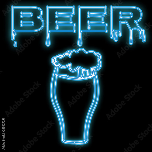 Beautiful blue bright glowing abstract neon sign for a bar with crafting beer glass with a holon delicious heady with foam and the inscription beer and copy space on a black background. Vector