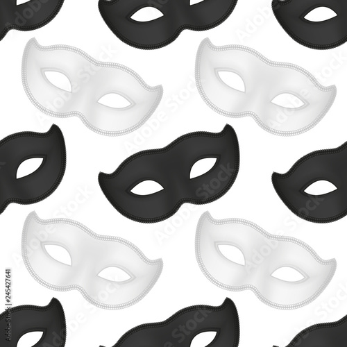 pattern made from carnival masks. White, black, gold. Gradient. Realistic style. endless ornament. Vector illustration.