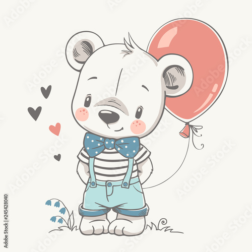 Vector illustration of a cute baby bear with a red balloon. 
