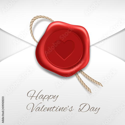 Envelope with red wax seal. Valentine card. Vector realistic.