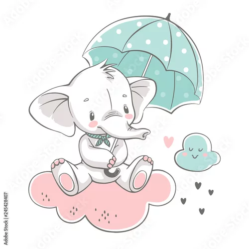Naklejka na ścianę Wektorowa ilustracja śliczny dziecko słoń, siedzi na chmurze z zielonym parasolem.