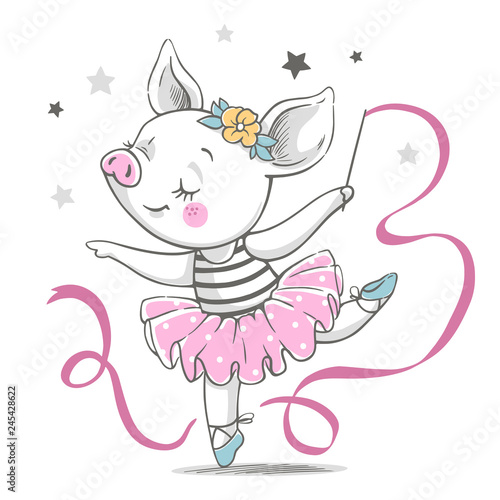 Vector illustration of a cute piggy ballerina in a pink tutu.