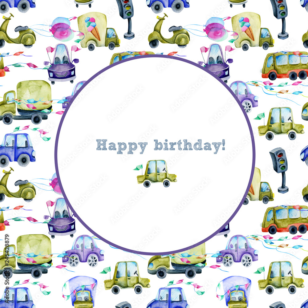 Frame with festive watercolor cars background Frame with festive watercolor cars background