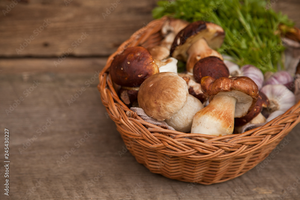 Mountain mushrooms on the wooden background Mountain mushrooms on the wooden background