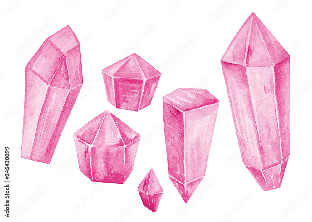 Watercolor hand painted soft pink crystals and gems set on white background. Perfect for gift cards, collages and other design purposes Watercolor hand painted soft pink crystals and gems set on white background. Perfect for gift cards, collages and other design purposes