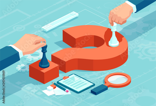 Vector concept of businessmen moving chess pieces on red question mark