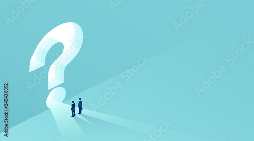 Vector of two businessmen standing in front of a keyhole shaped as a question mark