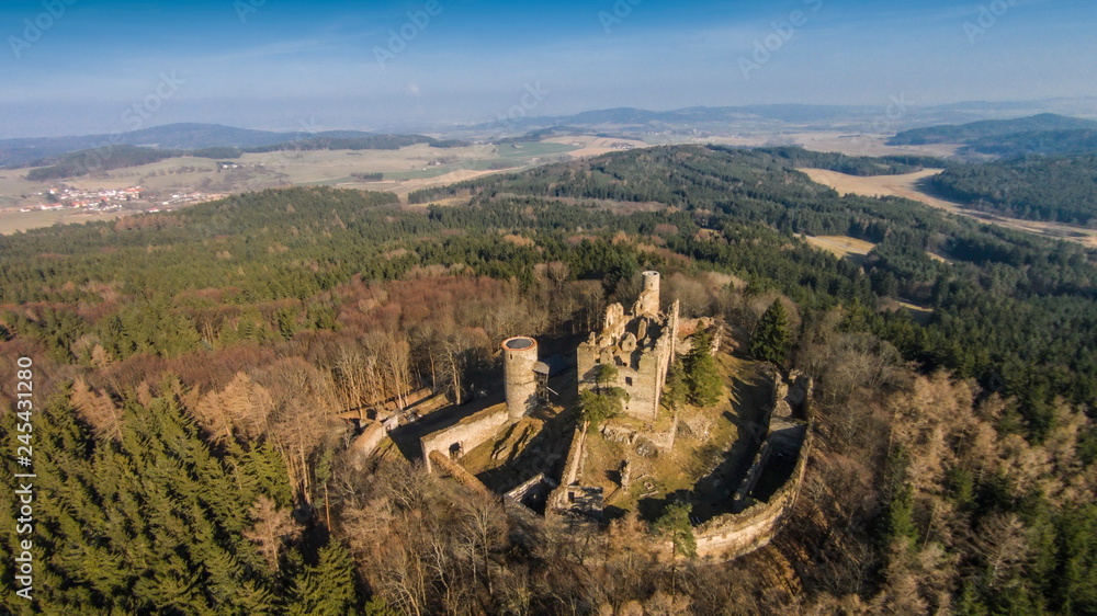 Fototapeta premium The ruins of the old castle Helfenburk aerial view.