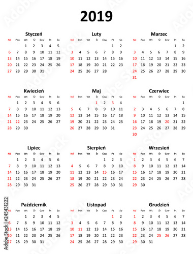 Simple editable vector calendar for year 2019 in Polish isolated on white background