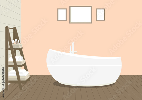 Provencal style bathroom with a fashionable bath, a rack for towels and cosmetics, paintings on the wall. Wooden planks on the floor and a light peach wall. Vector illustration
