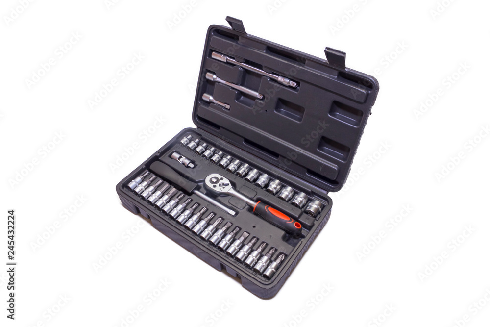 Black plastic case with tools on the side on white isolated background