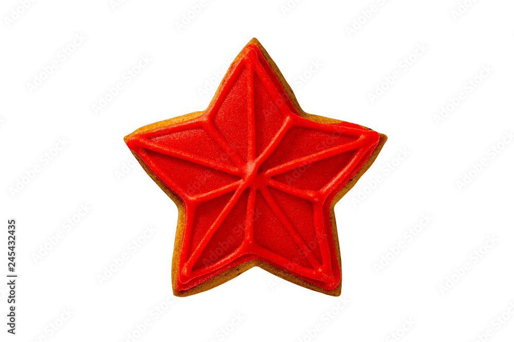 Closeup red gingerbread star isolated at white background.