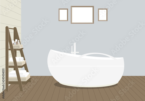 Provencal style bathroom with a fashionable bath with handle, a rack for towels and cosmetics, paintings on the wall. Wooden planks on the floor and a light blue wall. Vector illustration