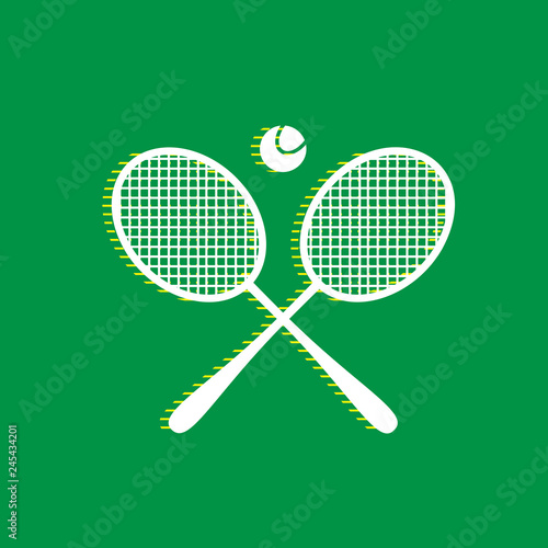 Two tennis racket with ball sign. Vector. White flat icon with yellow striped shadow at green background. Illustration.