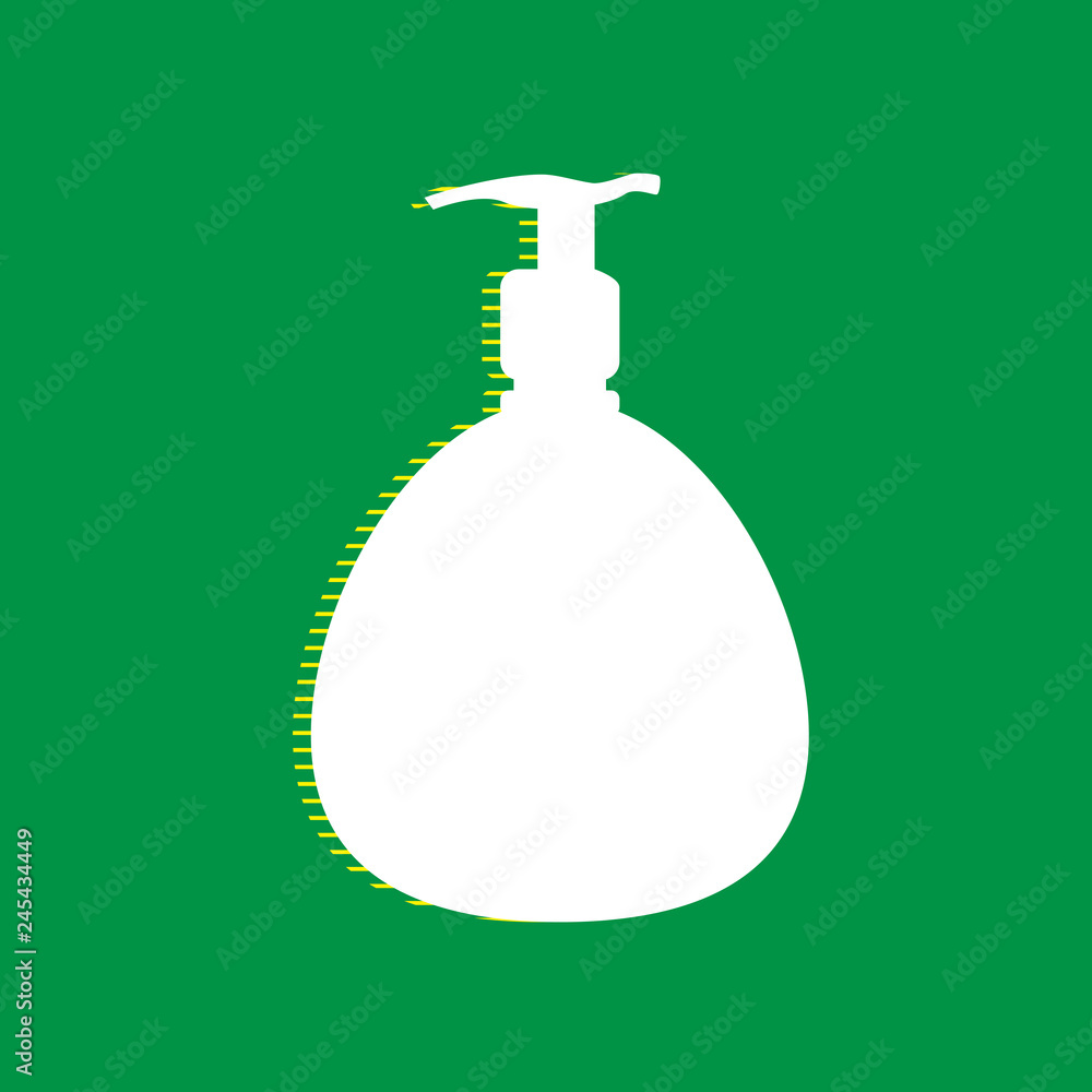 Gel, Foam Or Liquid Soap. Dispenser Pump Plastic Bottle silhouette. Vector. White flat icon with yellow striped shadow at green background. Illustration. Gel, Foam Or Liquid Soap. Dispenser Pump Plastic Bottle silhouette. Vector. White flat icon with yellow striped shadow at green background. Illustration.