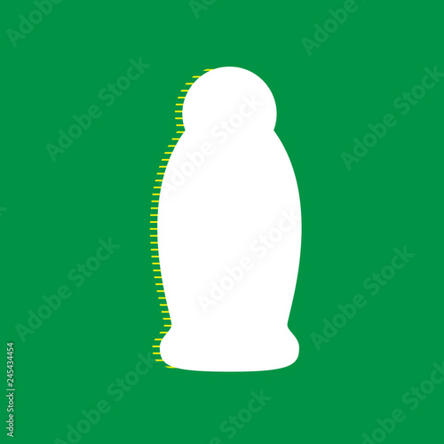 Gel, Foam Or Liquid Soap. Dispenser Pump Plastic Bottle silhouette. Vector. White flat icon with yellow striped shadow at green background. Illustration.