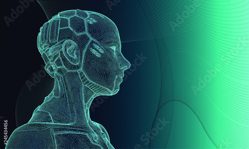 illustration of a cyborg over a background of digital waves