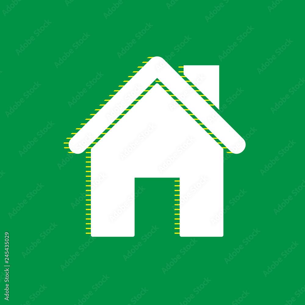 Home silhouette illustration. Vector. White flat icon with yellow striped shadow at green background. Illustration. Home silhouette illustration. Vector. White flat icon with yellow striped shadow at green background. Illustration.