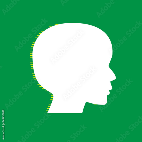 People head sign. Vector. White flat icon with yellow striped shadow at green background. Illustration.