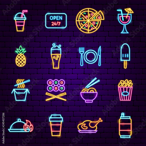 Fast Food Menu Neon Icons