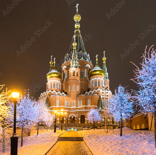 St. Michael's Cathedral and the Christmas Tree in Izhevsk. Russia