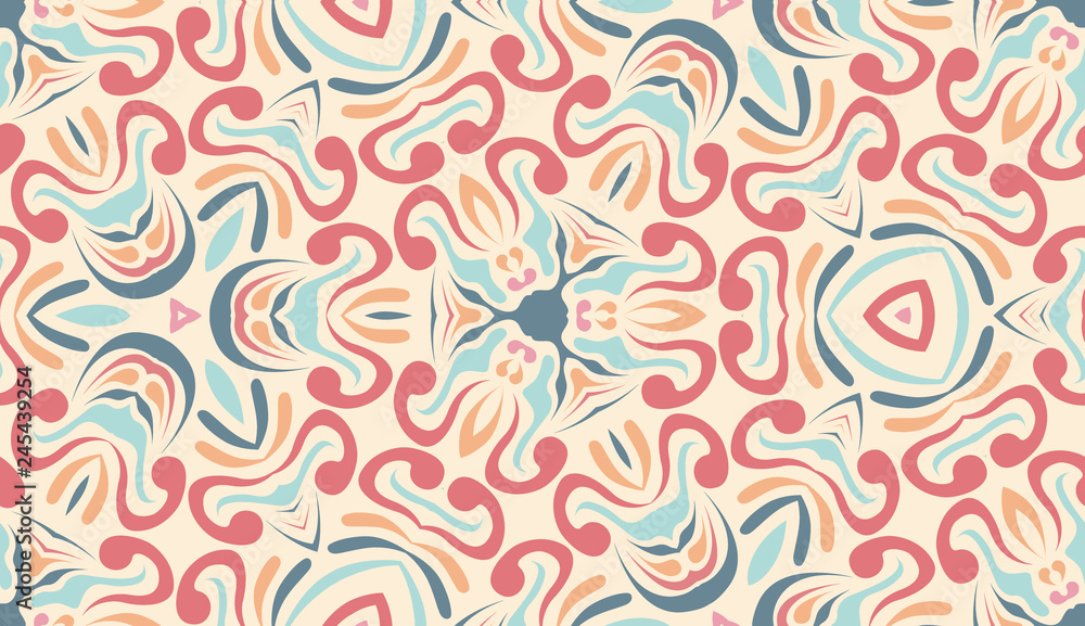 Handmade kaleidoscope. Modern fabric, textiles. Flower motif, lines. Detail for design wallpaper, tile, packaging, background. Bright ethnic seamless ornament in arabic style. Handmade kaleidoscope. Modern fabric, textiles. Flower motif, lines. Detail for design wallpaper, tile, packaging, background. Bright ethnic seamless ornament in arabic style.