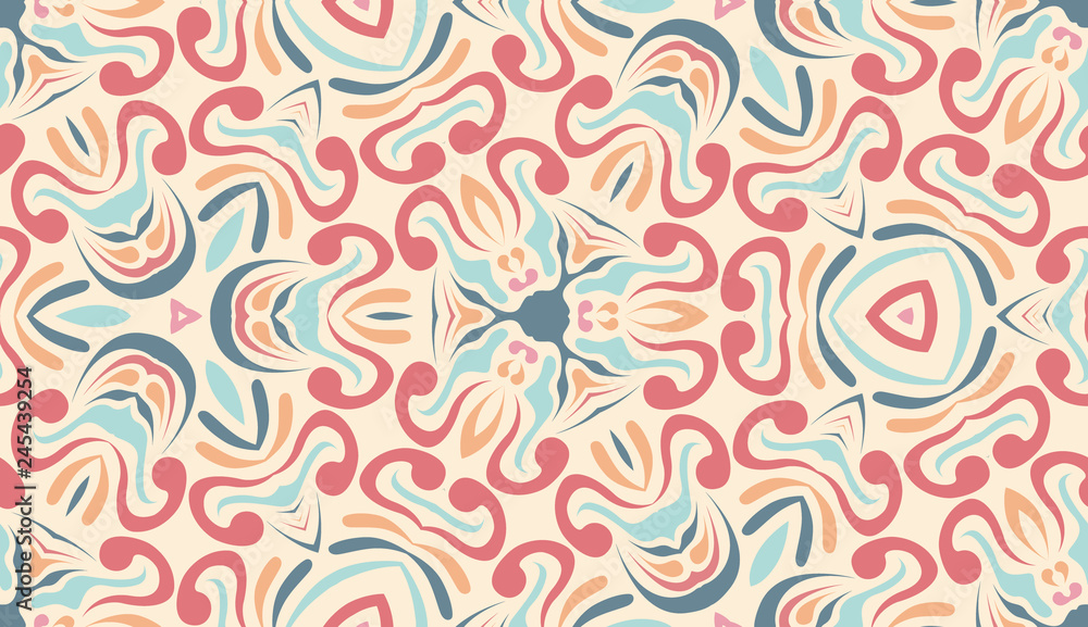 Handmade kaleidoscope. Modern fabric, textiles. Flower motif, lines. Detail  for design wallpaper, tile, packaging, background. Bright ethnic seamless  ornament in arabic style. Stock Illustration | Adobe Stock