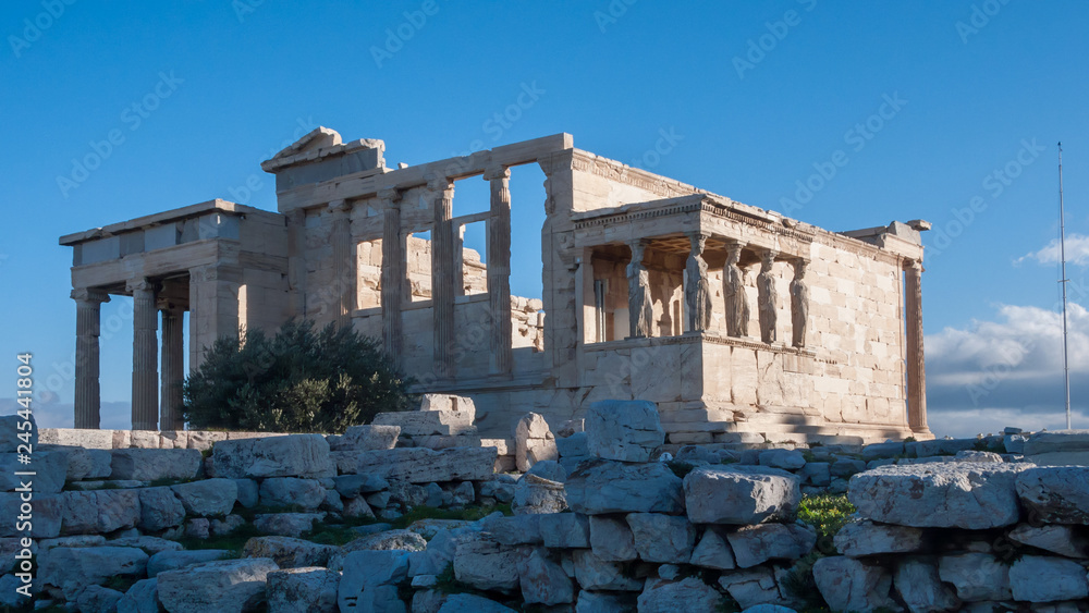 Ruins of The Porch of the Caryatids in The Erechtheion an ancient Greek temple at Acropolis of Athens, Attica, Greece