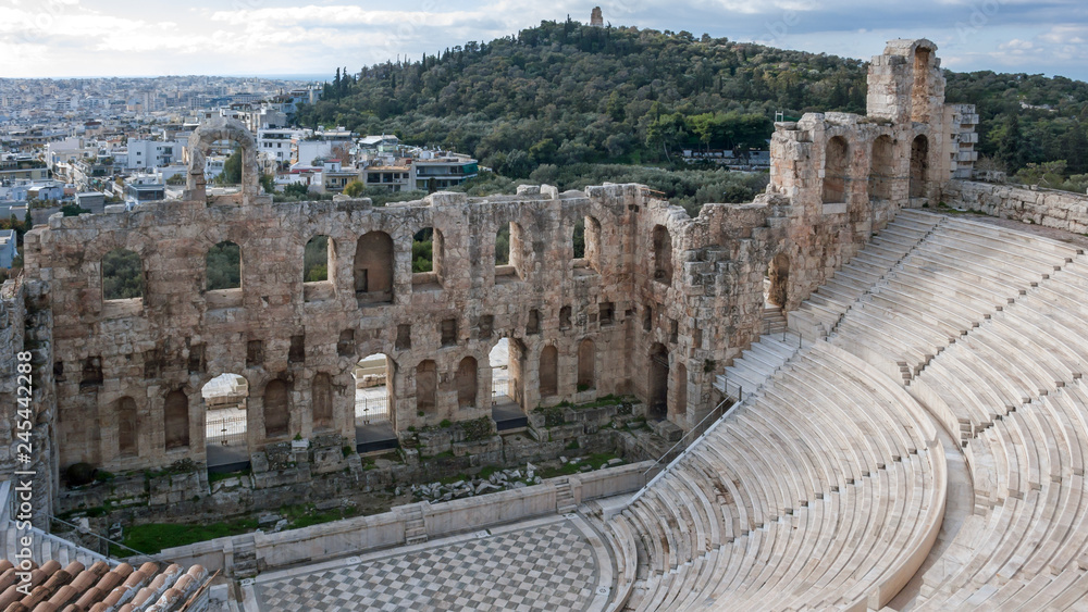 Panoramic view of Odeon of Herodes Atticus in the Acropolis of Athens, Attica, Greece