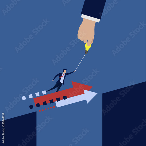 Businessman fly away hand help to jump the gap.