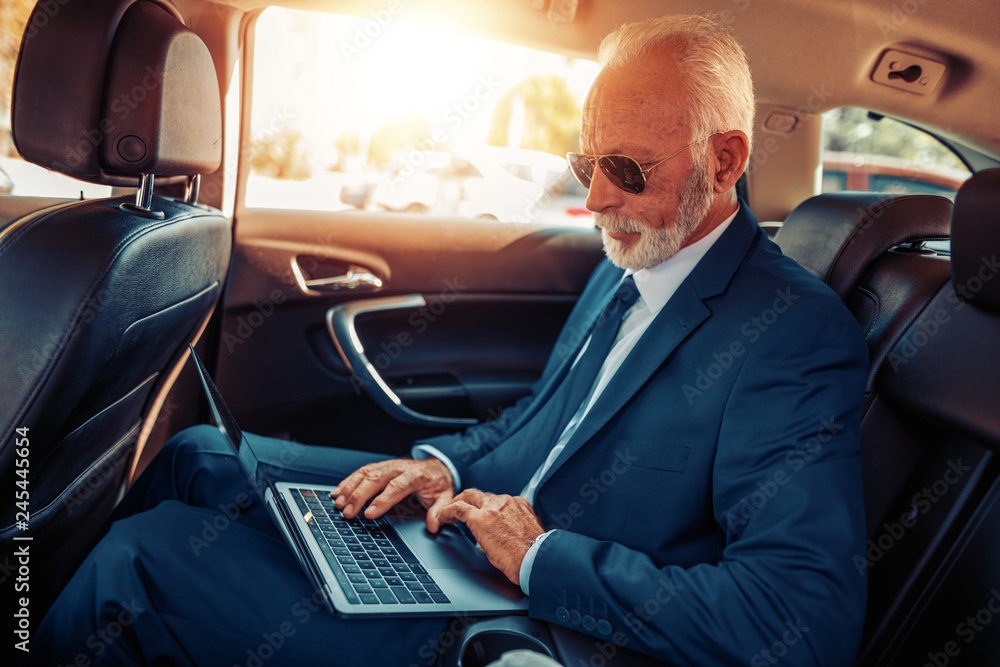 Businessman with laptop working in car
