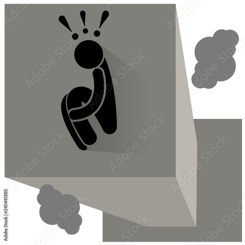 Acrophobia. Phobia. Man suffering from the fear of heights. High-rise building. Man lies on the edge of the roof. Logo, icon, silhouette, sticker, sign.