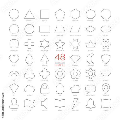 Editable stroke ouline vector set basic geometric shapes. Kids thin figures school collection. Simple design symbols. Circle, triangle, square, pentagon, hexagon, heptagon, octagon, nonagon, decagon.