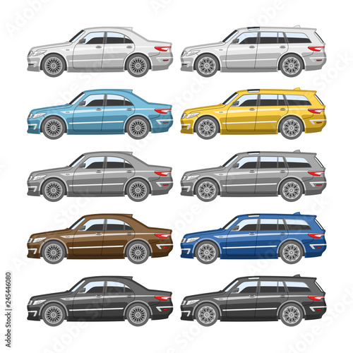  Different color flat car models. Sedan and station wagon. Variety coloring automobile set. Luxury vehicle.