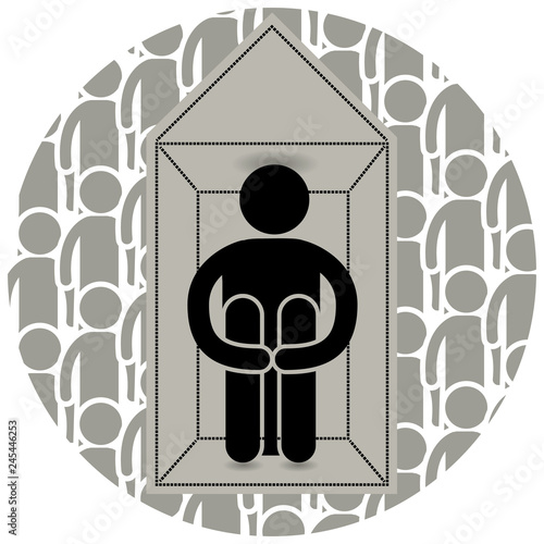 Agoraphobia. Fear of entering open or crowded places. Locked himself at home. Afraid to go outside. Many people. Loneliness. Logo, icon, silhouette, sticker, sign. Afraided man.