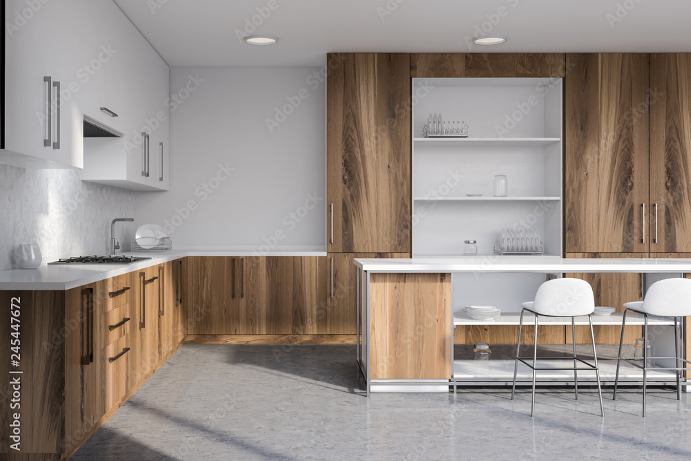Kitchen interior with cupboard and bar Kitchen interior with cupboard and bar