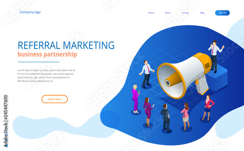 Isometric Referral marketing, network marketing, referral program strategy, referring friends, business partnership, affiliate marketing concept.