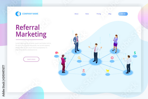 Isometric Referral marketing, network marketing, referral program strategy, referring friends, business partnership, affiliate marketing concept.