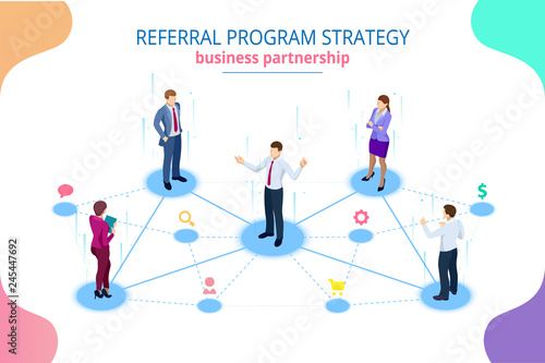 Isometric Referral marketing, network marketing, referral program strategy, referring friends, business partnership, affiliate marketing concept.