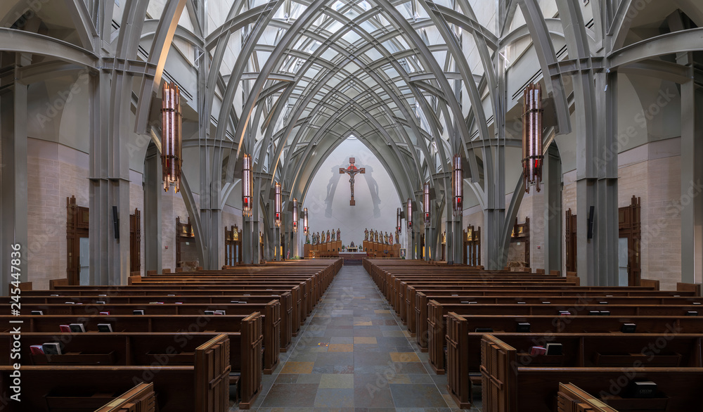 Panoramic of the interior and nave of the Ave Maria Catholic Church in Ave Maria, Florida