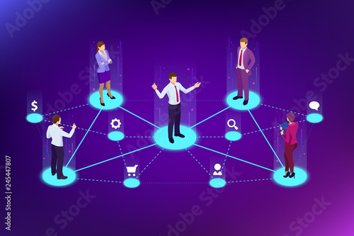 Isometric Referral marketing, network marketing, referral program strategy, referring friends, business partnership, affiliate marketing concept.