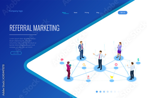 Isometric Referral marketing, network marketing, referral program strategy, referring friends, business partnership, affiliate marketing concept.